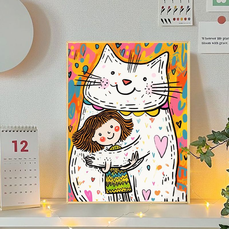 Playful Cat and Girl Illustration Canvas Art Bowlift