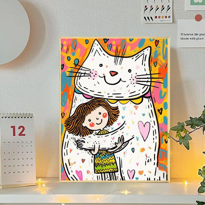 Playful Cat and Girl Illustration Canvas Art Bowlift