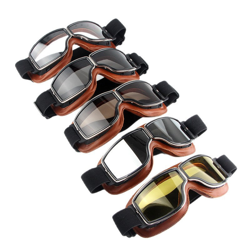 Polarized Mirrored Motorcycle Goggles with Leather Trim and Padded Foam Seal Bowlift