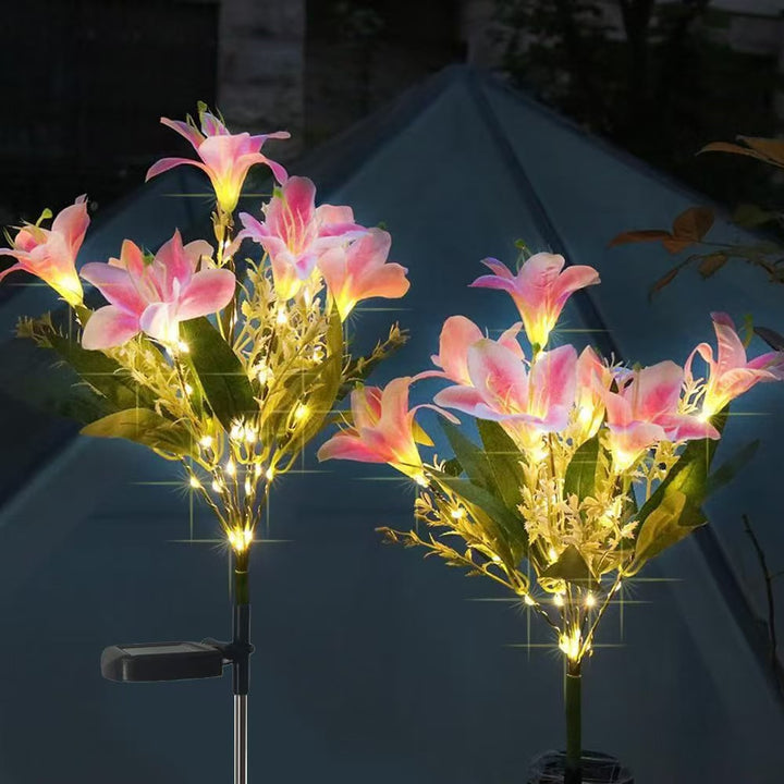 Solar-Powered Lifelike Lily Bloom Landscape Stake With Micro-LED Cluster And Telescopic Ground Spike Bowlift