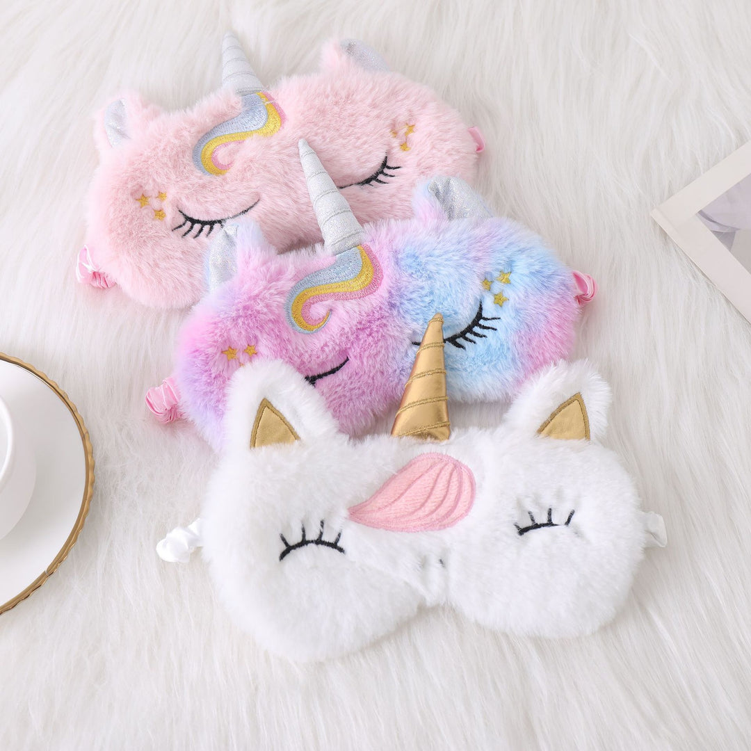 Ladies nan cozy unicorn sleep mask with embroidered eyelashes, soft plush and elastic ruffled ribbon Bowlift