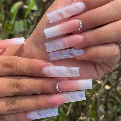 Glossy Long Square Press-On Nails with Glitter Accents Bowlift