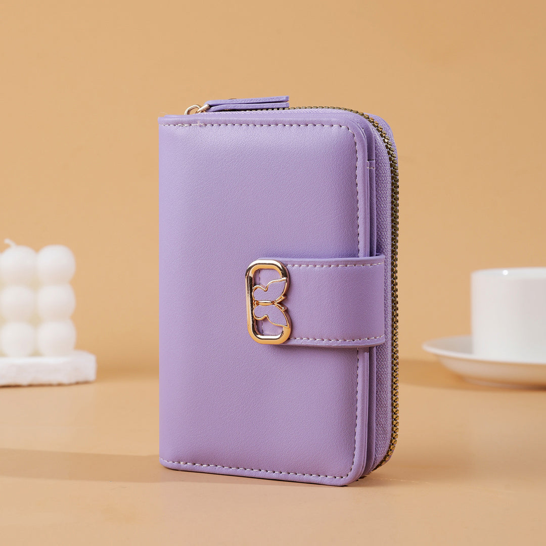 Compact Zip-Around Faux Leather Long Wallet with Butterfly Clasp Bowlift