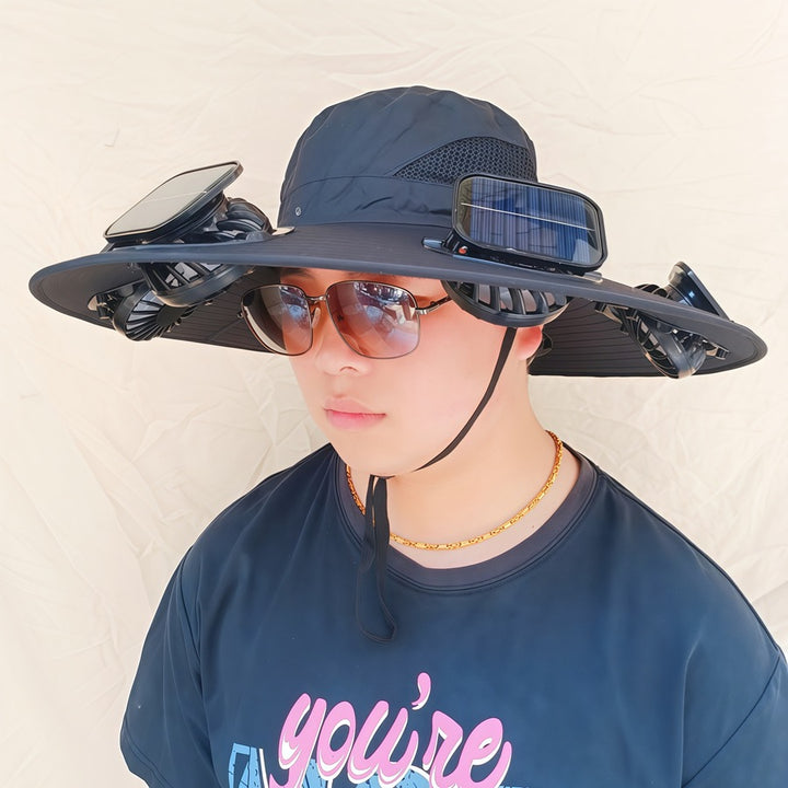 Wide-brimmed sun hat with detachable swivel solar fans and adjustable chin strap Bowlift