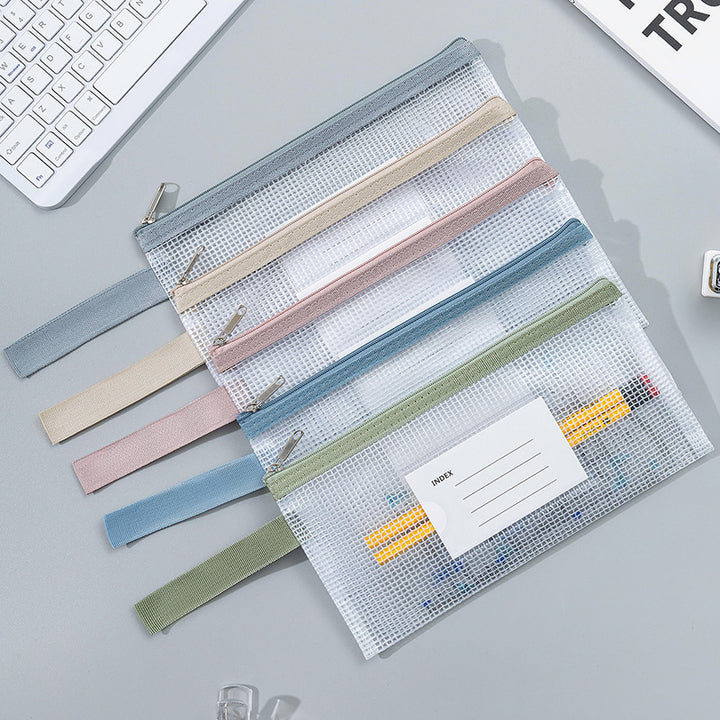 Transparent Mesh Zipper Pouch Set with Wrist Strap Stationery Organizer Bowlift