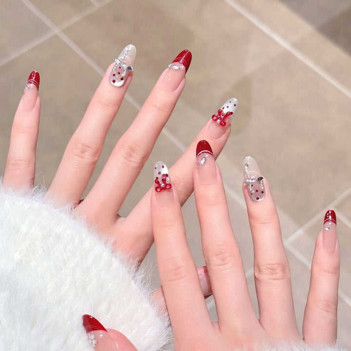 Artistic Press-On Nail Extensions with Gem Accents Bowlift
