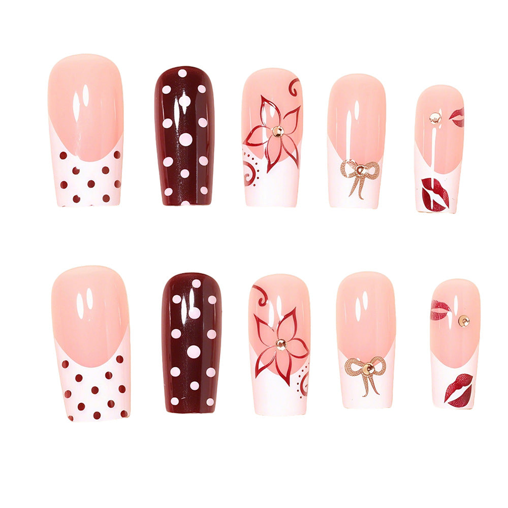 Decorative Press-On Nail Art Set with Floral Accents Bowlift