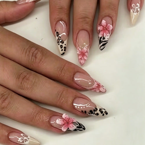 Artistic Stiletto Press-On Nail Set with Floral Details Bowlift