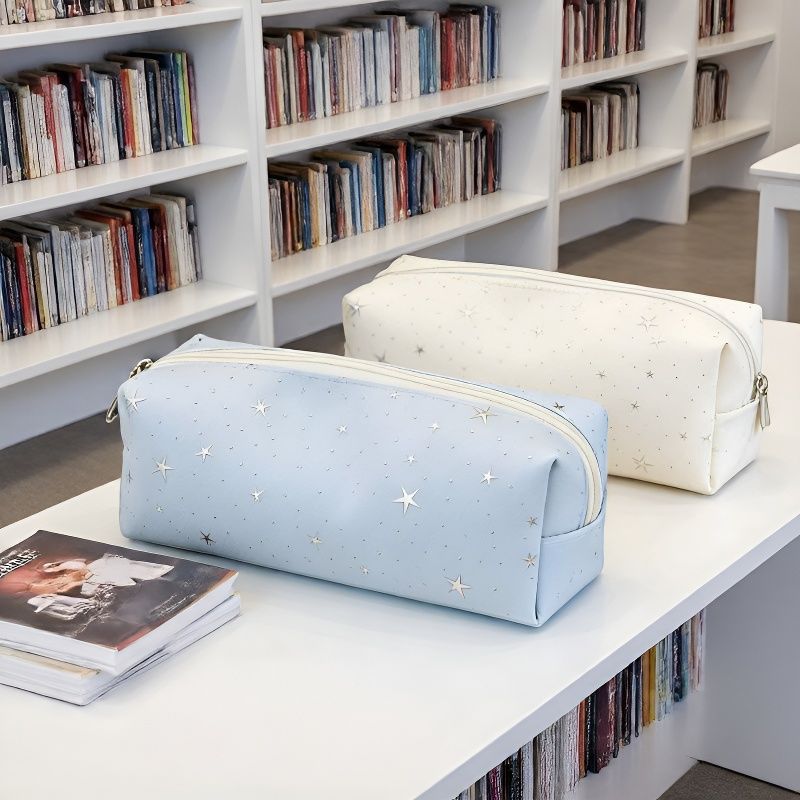 Star-Print Faux Leather Rectangular Pencil Case and Makeup Pouch Bowlift