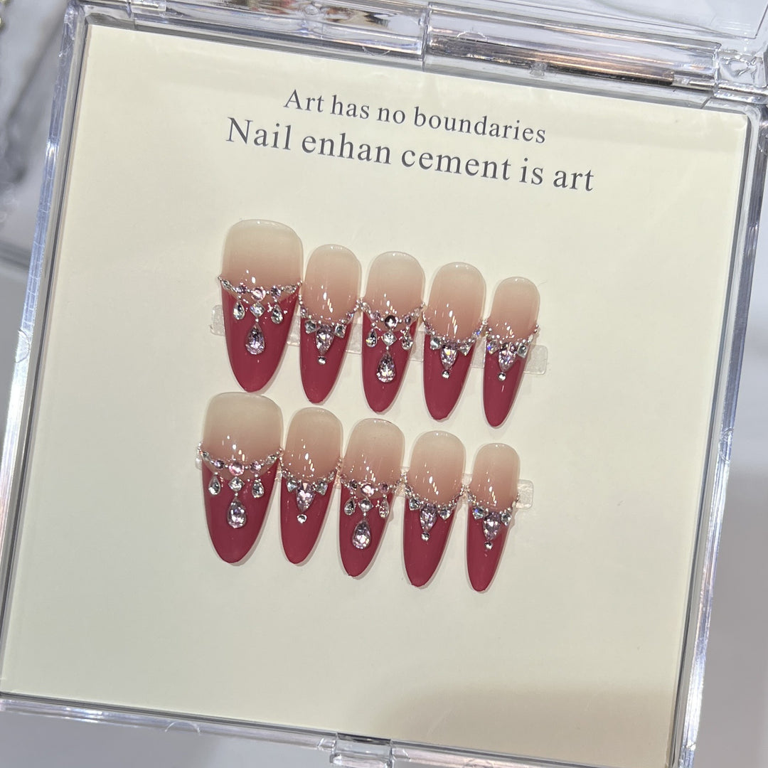 Luxurious Press-On Nail Art Set with Rhinestone Detailing Bowlift