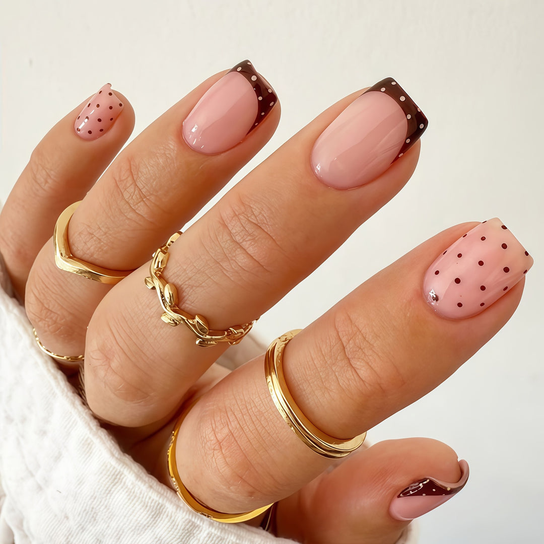 Stylish Press-On Nail Design with Polka Dot and French Tip Accents Bowlift