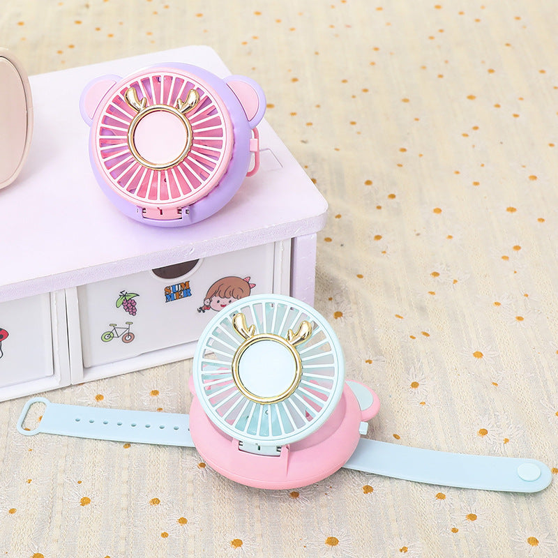 Ladies portable hand fan with integrated mirror and cute animal design Bowlift