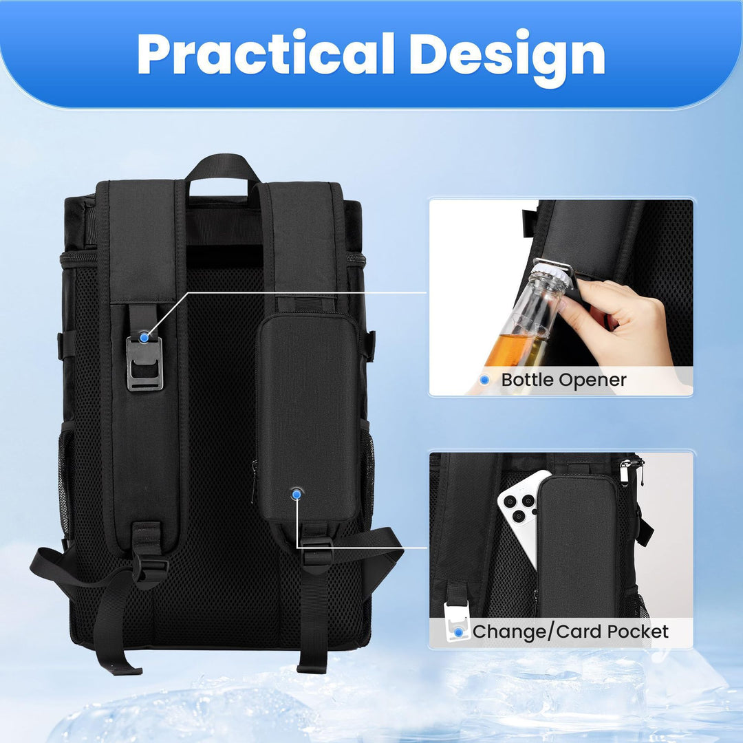 Unisex insulated cooler backpack with side bottle holders, elastic tension rope, and padded carrying system Bowlift