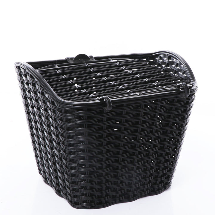 woven front bicycle basket with hinged lid and universal handlebar mount Bowlift