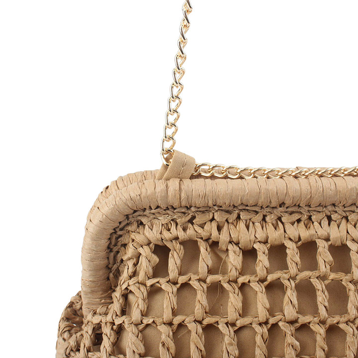 Woven Natural Material Handbag with Fine Chain Accents Bowlift