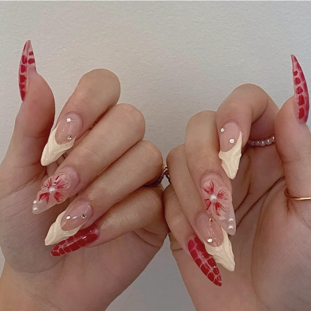 Artistic Floral and Texture Stiletto Nail Extensions Bowlift