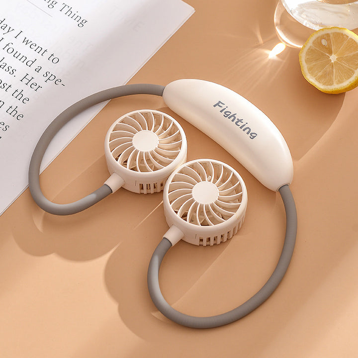Unisex portable neck fan with dual fan heads, flexible neckband, quiet brushless motor, and USB charging function Bowlift