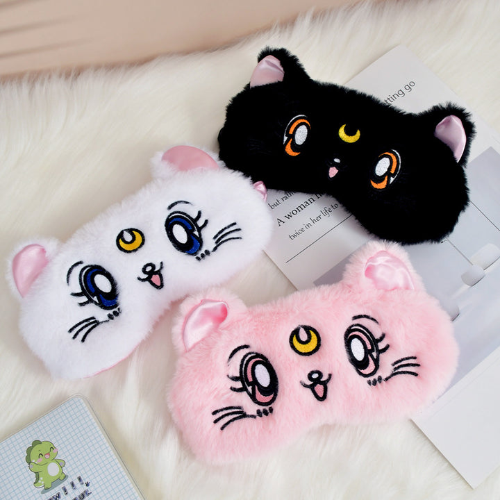 Women's fluffy sleep mask with embroidered cat design and soft comfort ears Bowlift