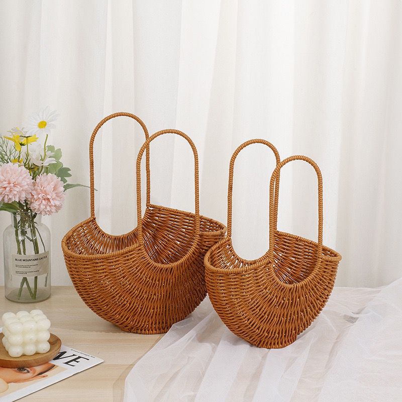 Women Elegant braided rattan basket with double handle Bowlift