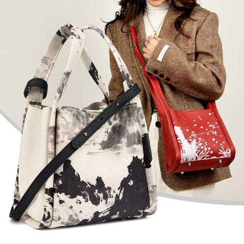 Artistic Print Leather Handbag Bowlift