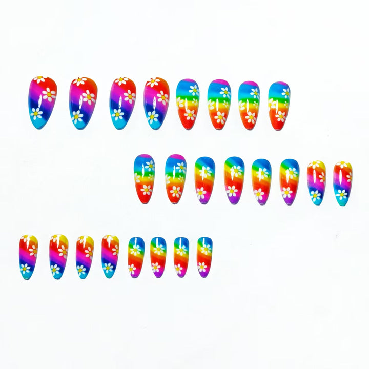 Creative Nail Art with Colorful Rainbow Design and Playful Flower Motifs Bowlift