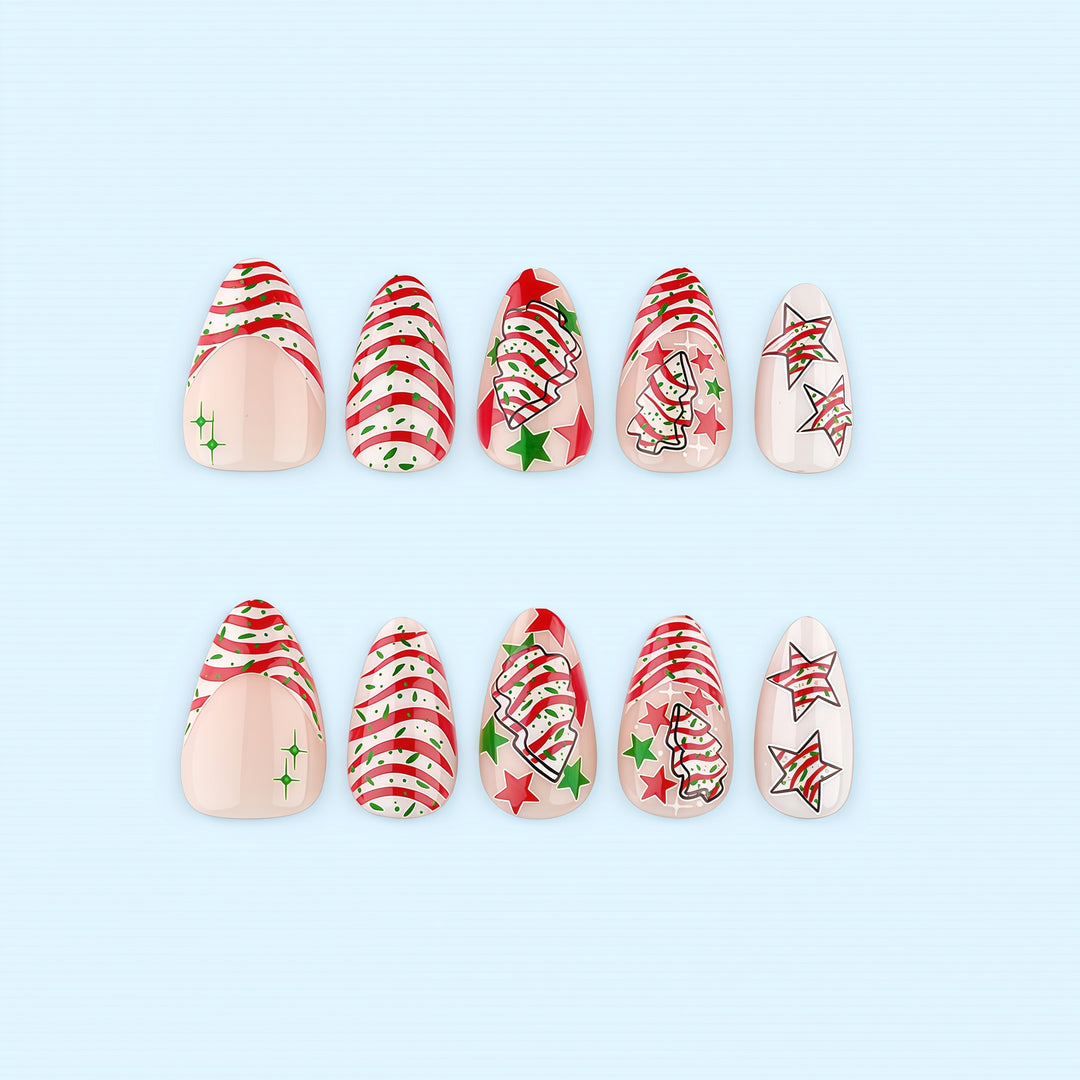 Artificial nails in festive Christmas design with colorful accents Bowlift