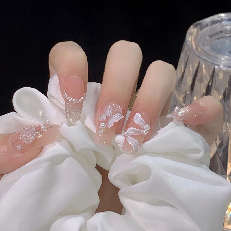Artistic Press-On Nail Set with Elegant Floral and Butterfly Designs Bowlift