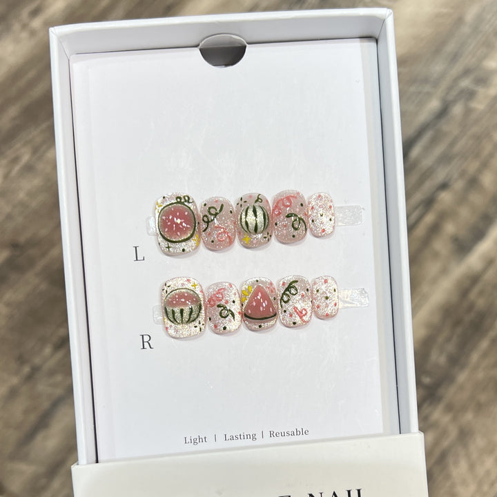Artistic Press-On Nail Art Set with Watermelon Theme Bowlift