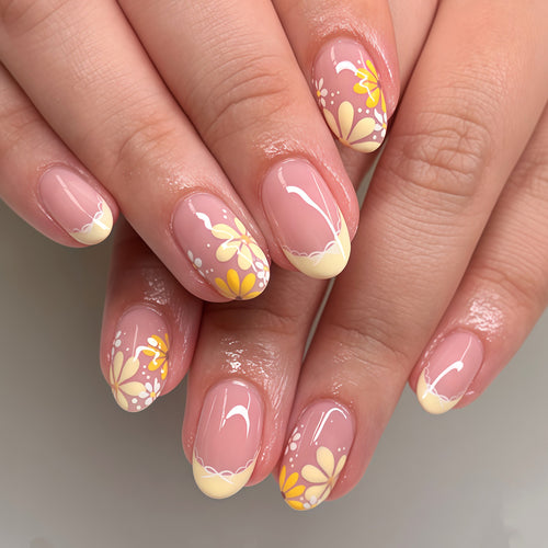 Elegant Floral French Tip Press-On Nails Bowlift