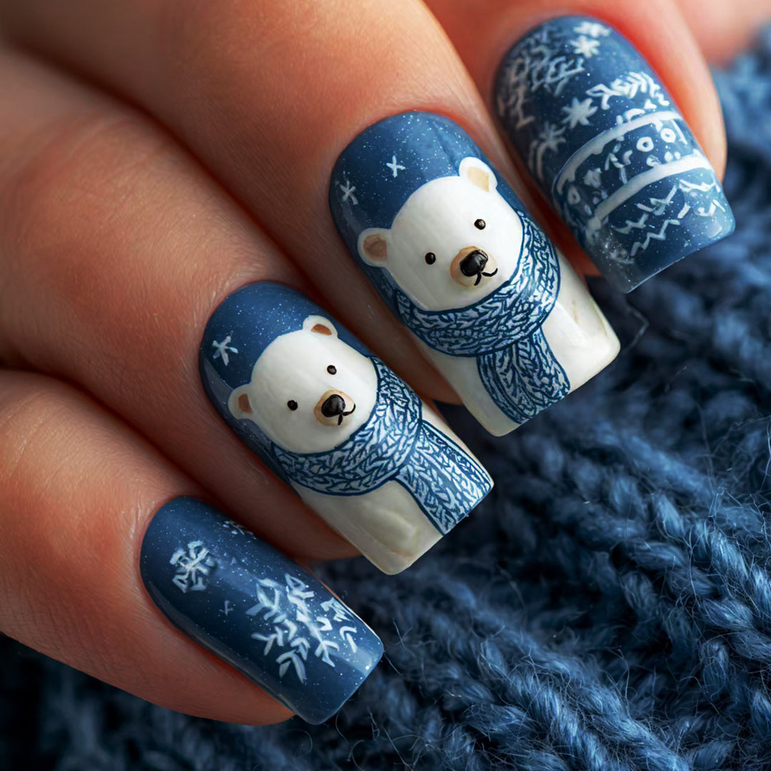 Winter art nails with bear and snowflake design Bowlift