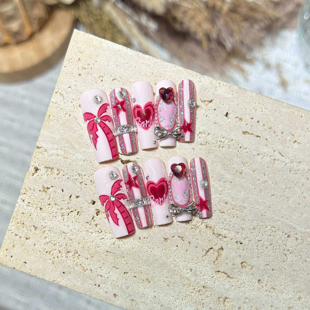 Artistic Press-On Nail Set with Playful Heart and Palm Designs Bowlift