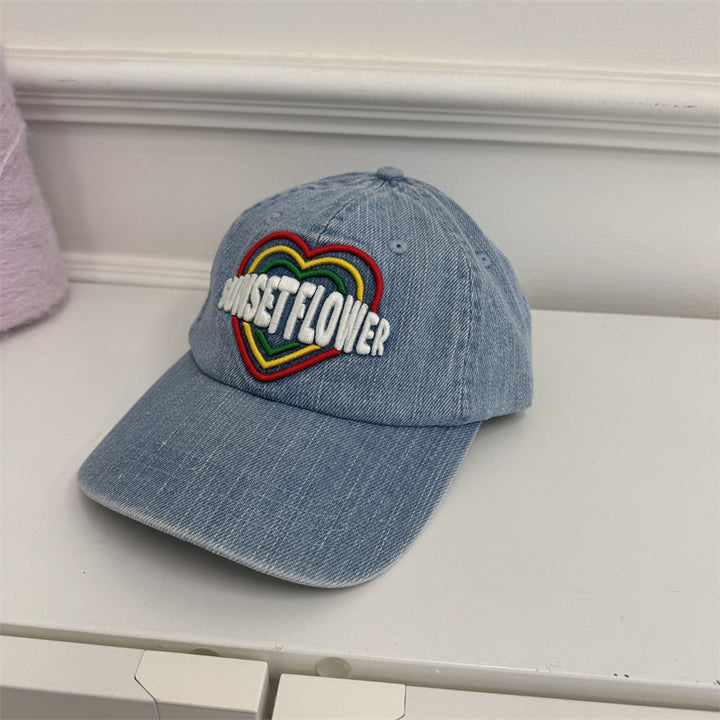 Women's Embroidered Heart Design Denim Baseball Cap Bowlift