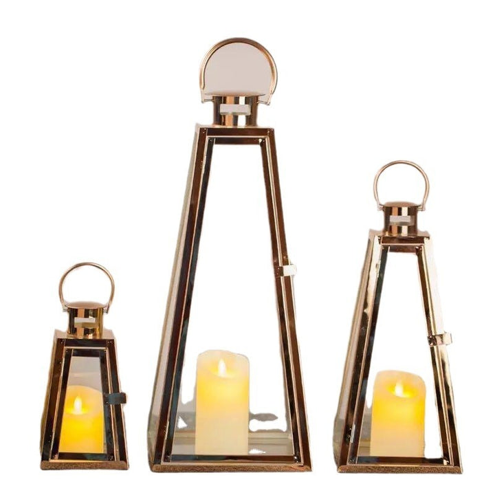 Modern Triangular Glass Candle Lantern Set with Gold Metal Frame Bowlift