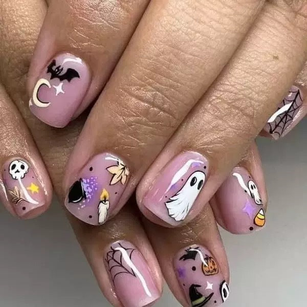 Halloween Fake Nail Set with Creative Horror Motifs and Intricate Designs Bowlift