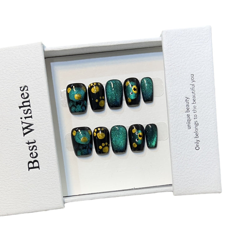 Artistic Press-On Nail Set with Playful Floral and Glitter Accents Bowlift