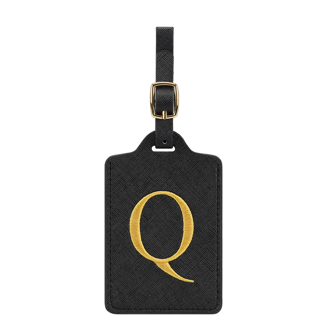 embroidered initial monogram leather luggage tag with adjustable buckle strap Bowlift