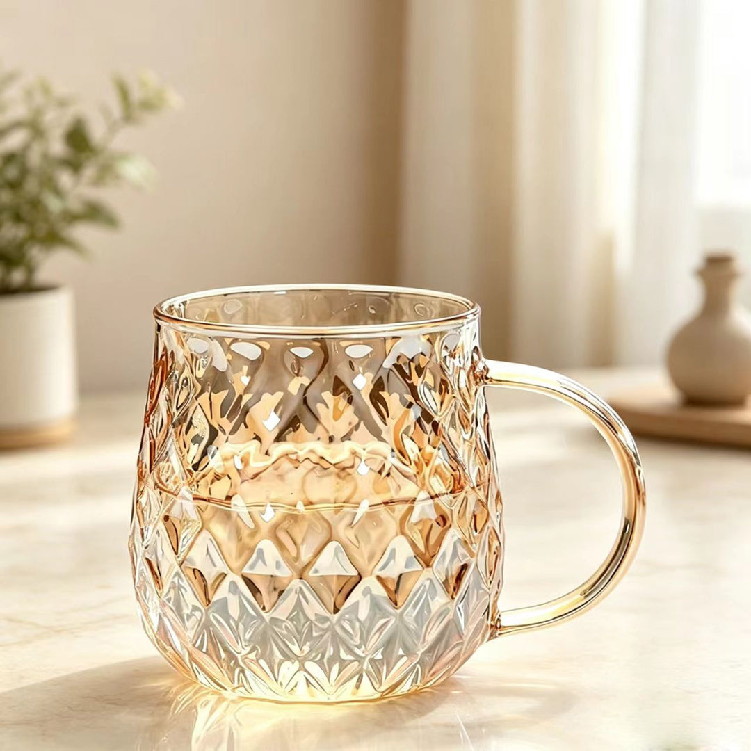 Hand-Blown Diamond-Cut Glass Coffee Mug with Ergonomic Handle Bowlift