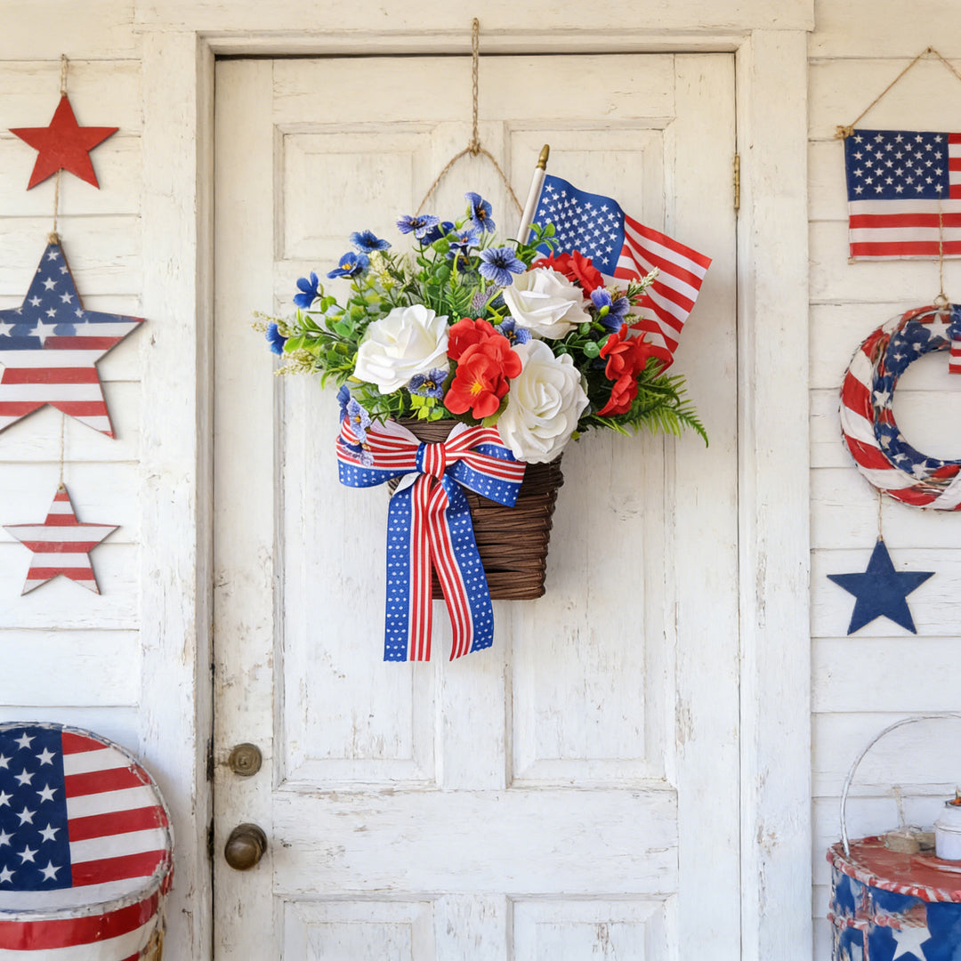 Unisex nan American patriotic door hanging floral basket with ribbon accents Bowlift