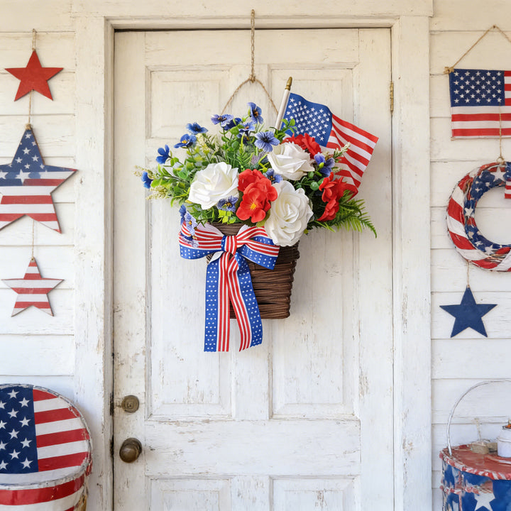 Unisex nan American patriotic door hanging floral basket with ribbon accents Bowlift