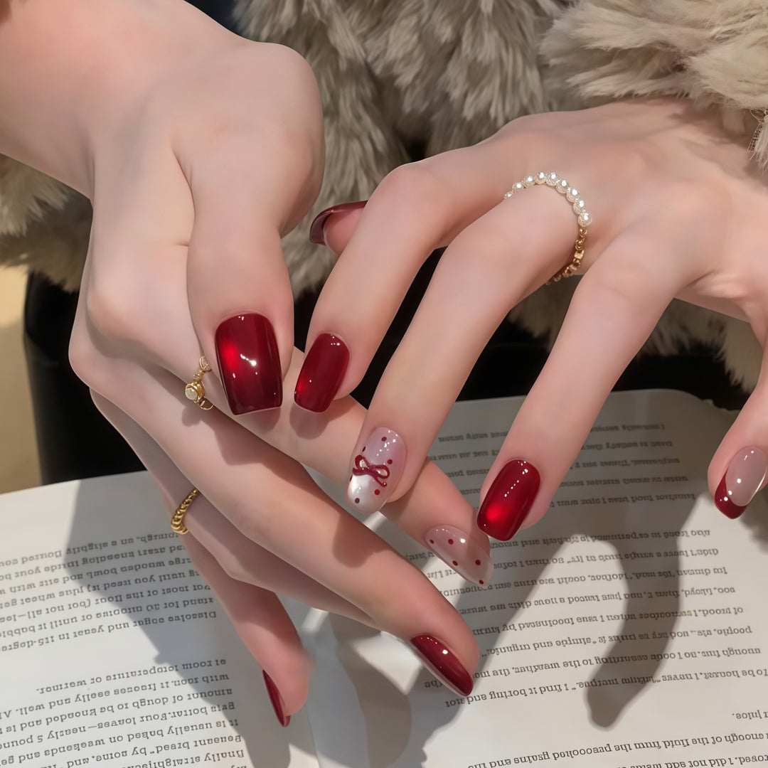 Elegant Artificial Nail Set with Decorative Bow Accents Bowlift