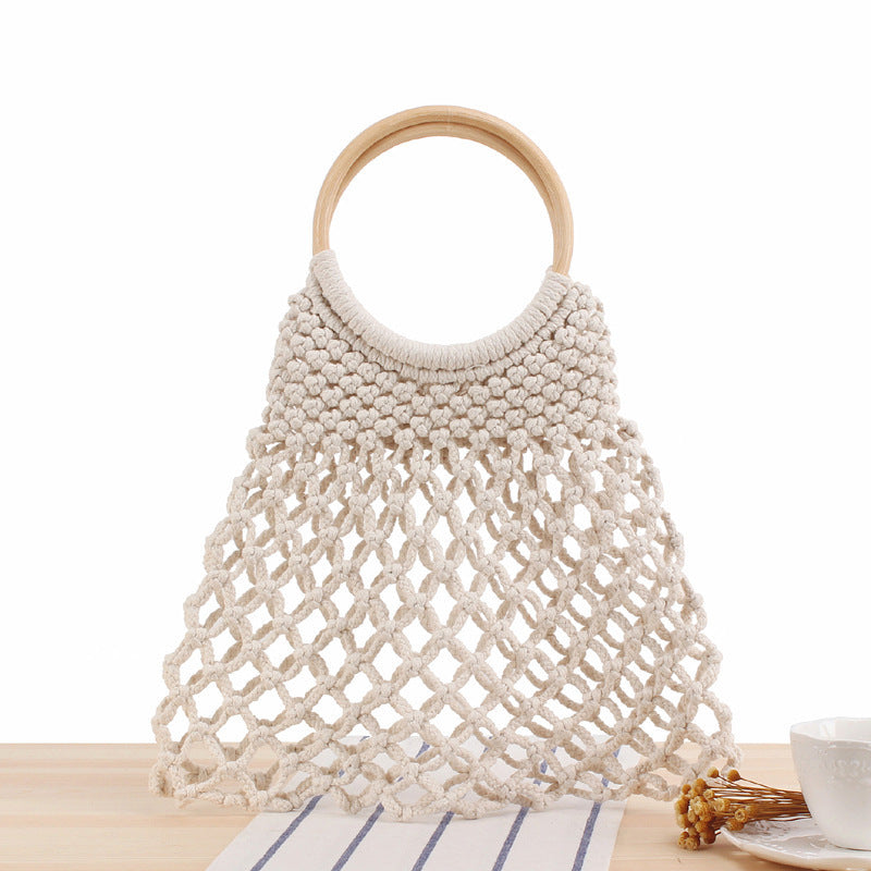 Macrame Basket with round wooden handle Bowlift