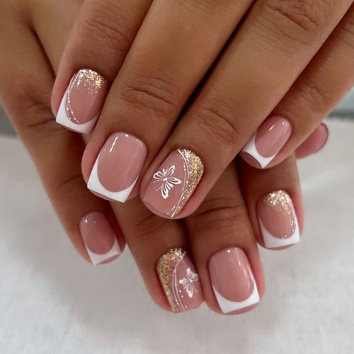 Elegant Nail Extensions with Glitter and Flower Patterns Bowlift