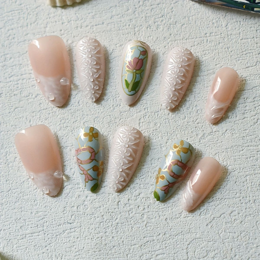 Artistic Floral and Gemstone Press-On Nail Set Bowlift