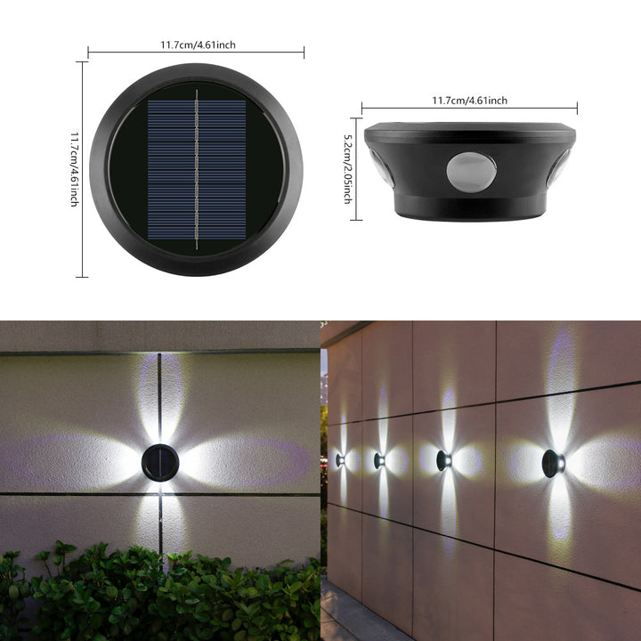 Round Solar Wall Lamp With Quad-Beam LED Decorative Outdoor Sconce And Weatherproof Housing Bowlift