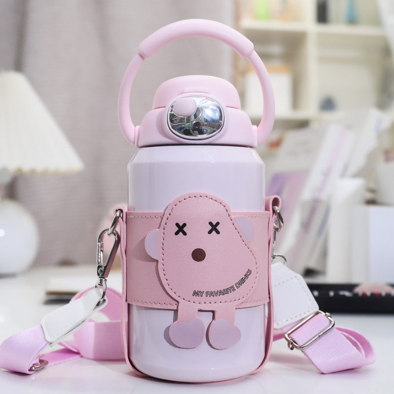 Insulated drinking bottle with cute animal design and practical carrying strap Bowlift