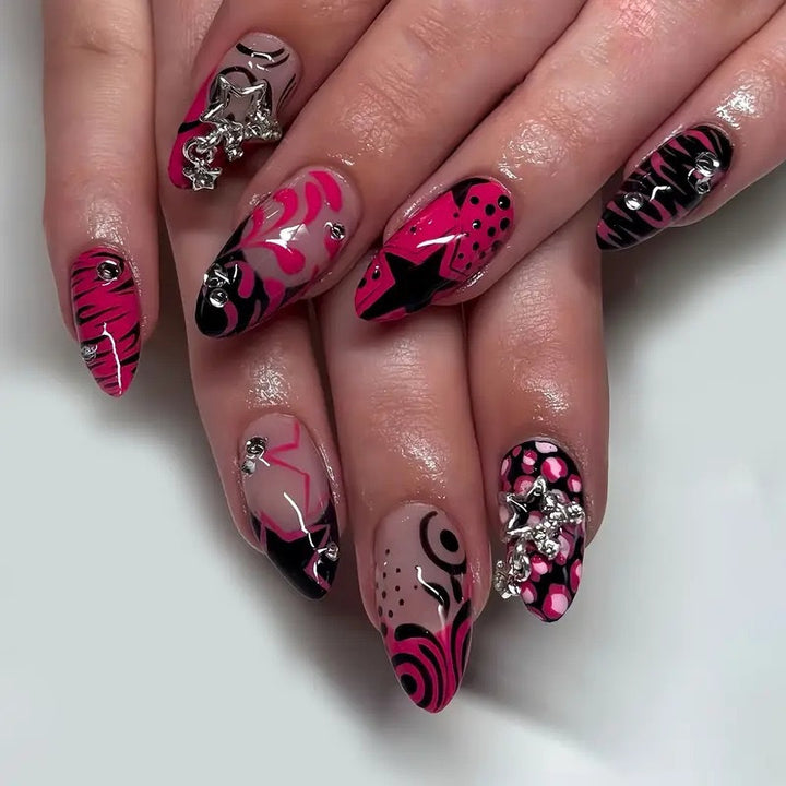 Decorative Stiletto Press-On Nail Art with Floral Accents Bowlift