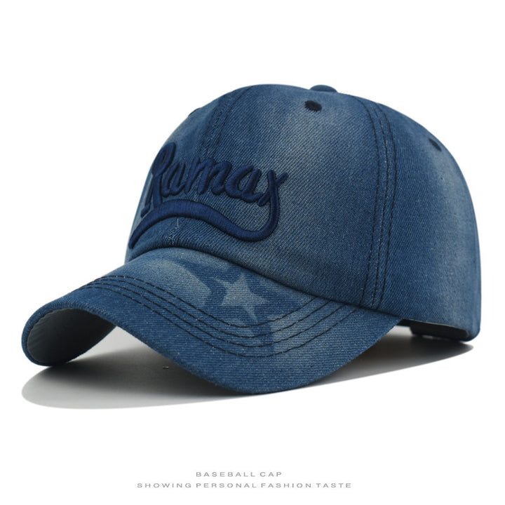 Men's Distressed Denim Embroidered Baseball Cap Bowlift