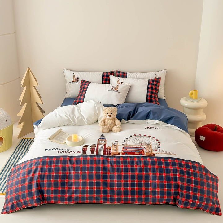 Bedding set with London motif and checked reversible sides