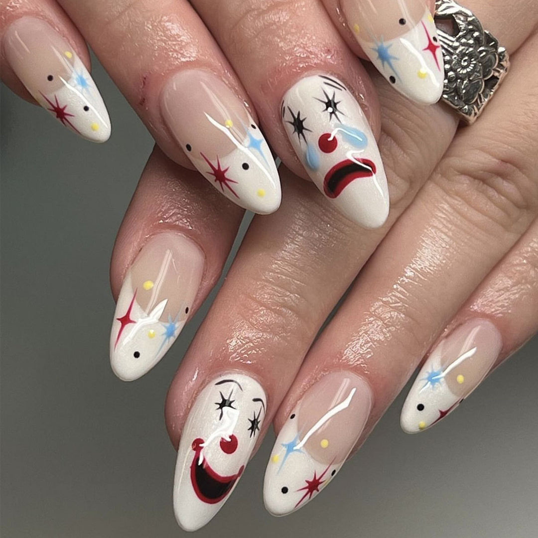 Artistic Clown-Themed Stiletto Nail Art Bowlift