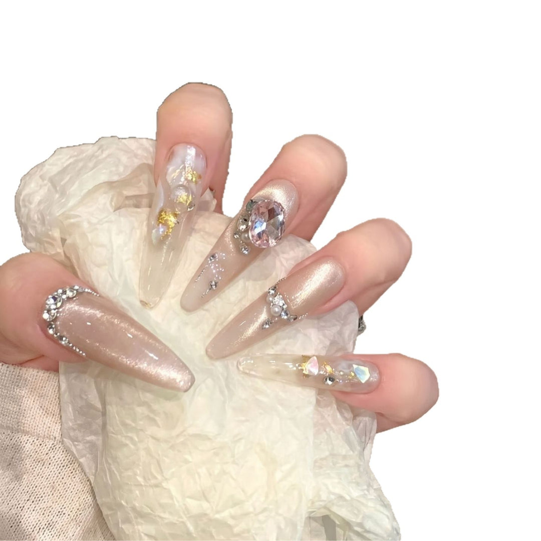 Decorative Stiletto Press-On Nail Art Set with Gemstone Accents Bowlift